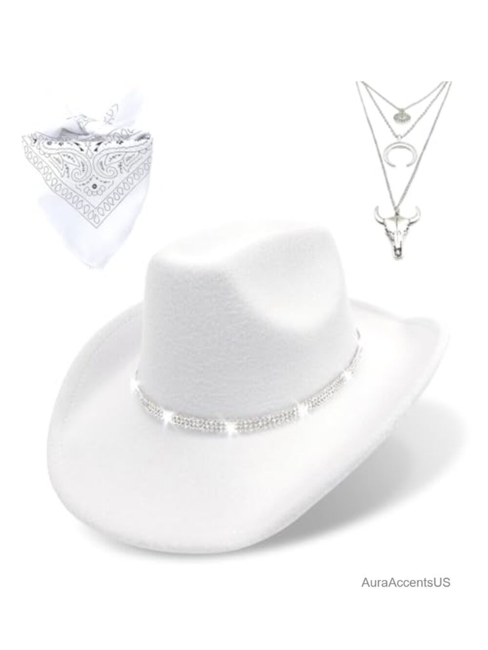 Felt Cowboy Hat Wide Brim Rhinestone Cowgirl Hat Bandana Necklace Set